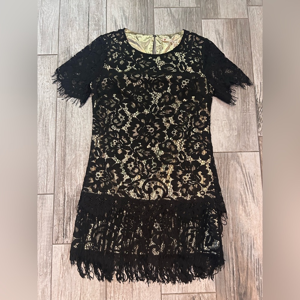 NWT Anthropologie Chelsea & Violet Black & Gold Fringe Lace Dress Size Small